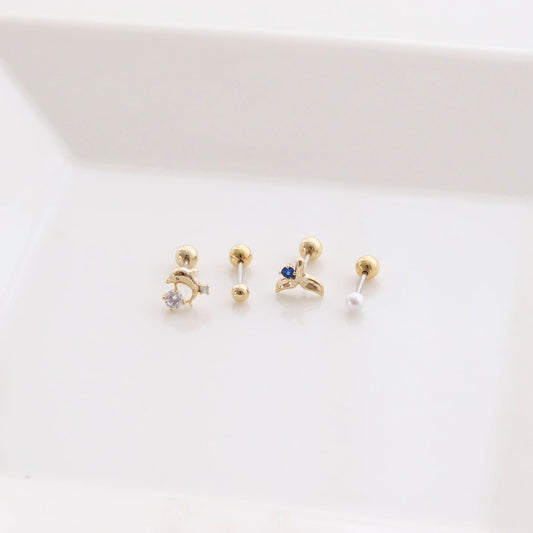 Set of 4 cubic point dolphin and whale tail Surgical Steel screw back ball Cartilage earrings, Barbells Ear Piercing, Cartilage Piercing