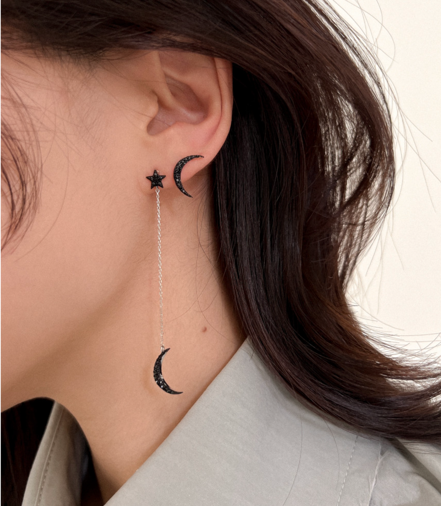 Crescent Moon and  Star Chain Earrings ,Unbalance Dangle Crescent moon and star earrings