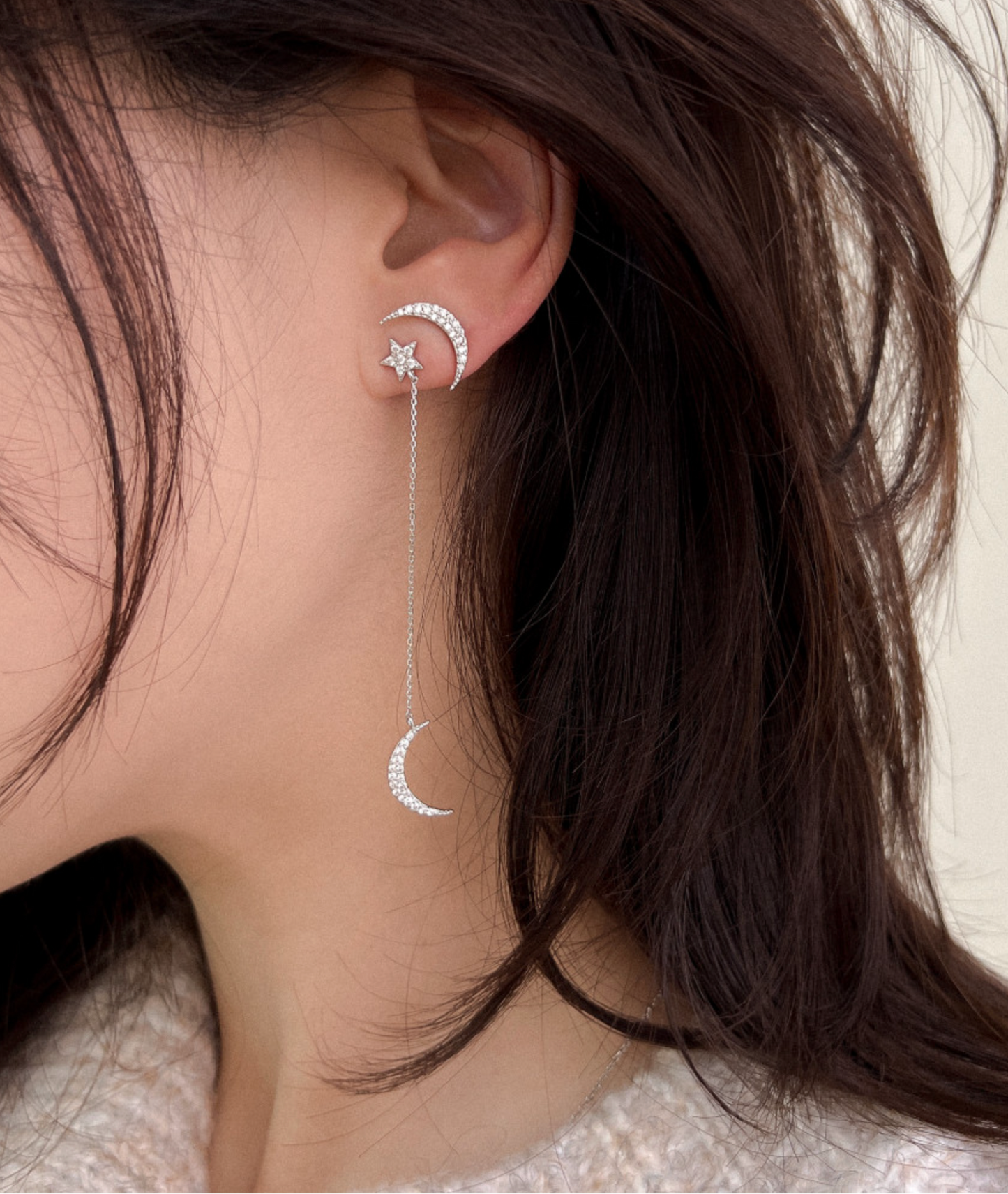 Crescent Moon and  Star Chain Earrings ,Unbalance Dangle Crescent moon and star earrings