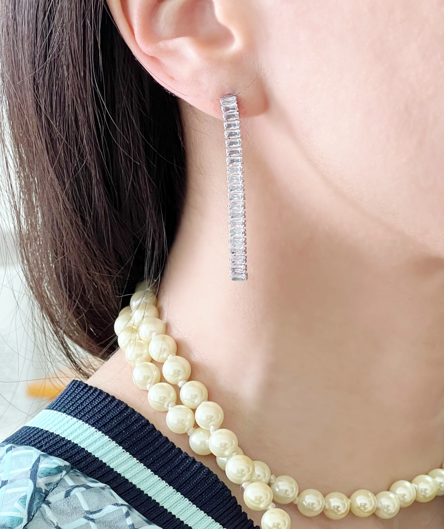 Tennis Chain Long drop Earrings , Baguette Cut cubic Tennis earrings Tennis Drop Earrings ,Cubic Zircon Earrings