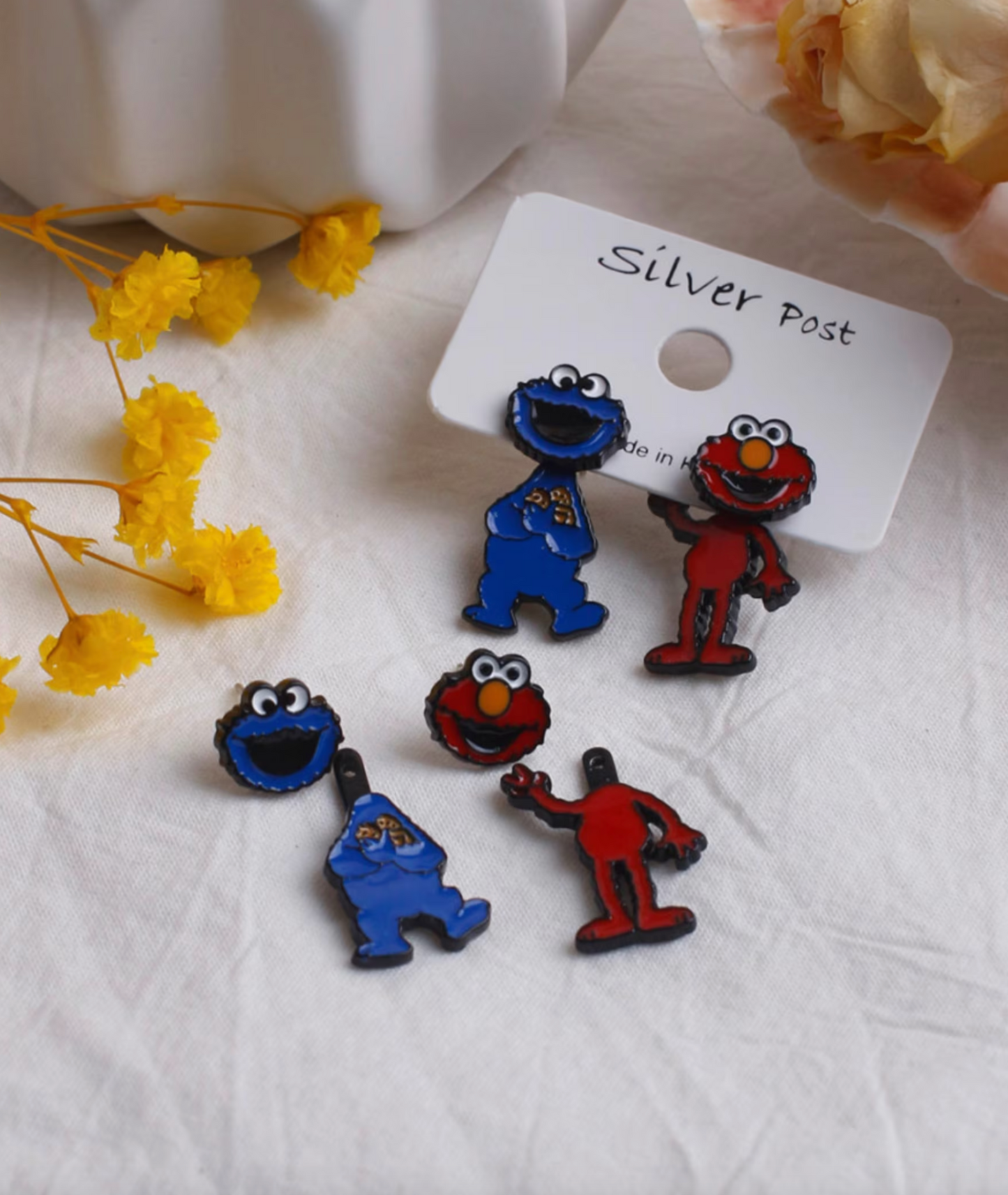 Sesame Street Stud Earrings , Cookie Monster And Elmo Earrings, The Muppet Show Cartoon Earrings