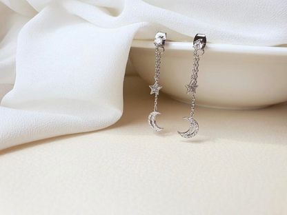 Crescent Moon and Star Chain Earrings ,Dangle Crescent moon and star earrings