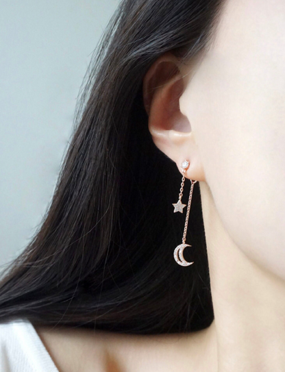 Crescent Moon and Star Chain Earrings ,Dangle Crescent moon and star earrings
