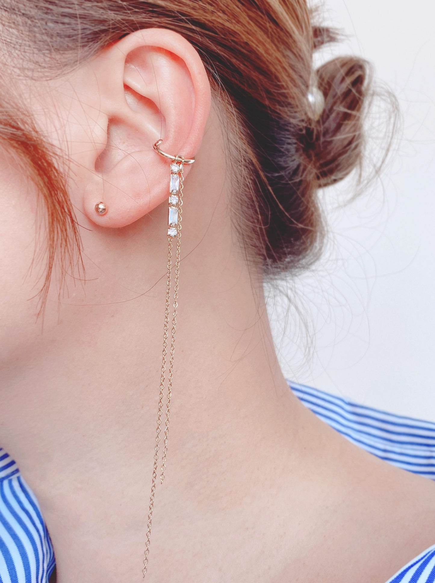 Long chain drop ear cuff, pearl conch earcuff, cubic chain ear cuff Ear Cuff Chain Earrings,Long Chain Threader Earring,