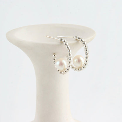 925 sterling silver Big Silver bead ball ring earrings adorned with pearls modern stud earrings