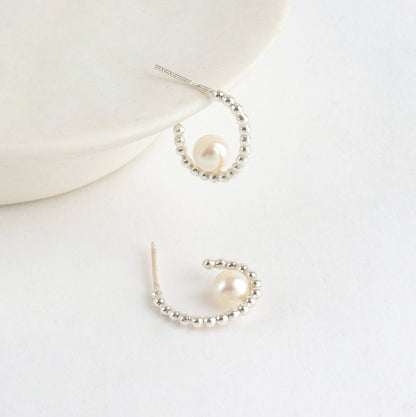 925 sterling silver Big Silver bead ball ring earrings adorned with pearls modern stud earrings