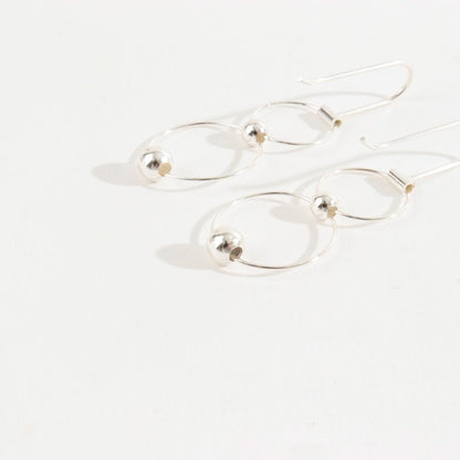 925 Sterling Silver linked circles drop earrings ,Connected rings with silver ball hoop Earrings Minimalist Geometrical Modern Earrings