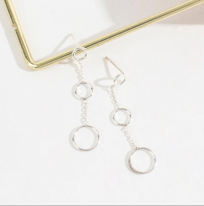 925 Sterling Silver Three tier circle drop earrings ,long drop chain and circle earrings Minimalist Geometrical Modern Earrings