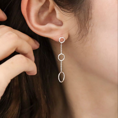 925 Sterling Silver Three tier circle drop earrings ,long drop chain and circle earrings Minimalist Geometrical Modern Earrings