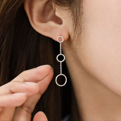 925 Sterling Silver Three tier circle drop earrings ,long drop chain and circle earrings Minimalist Geometrical Modern Earrings