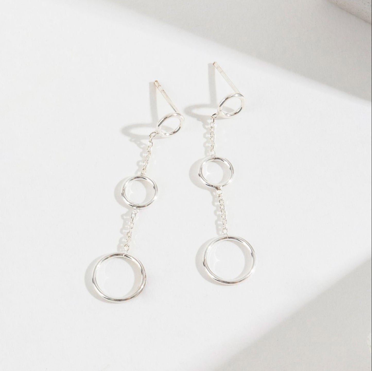 925 Sterling Silver Three tier circle drop earrings ,long drop chain and circle earrings Minimalist Geometrical Modern Earrings