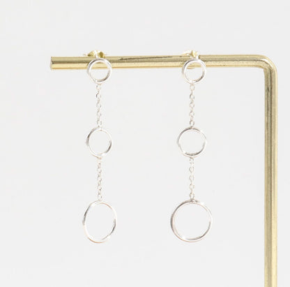 925 Sterling Silver Three tier circle drop earrings ,long drop chain and circle earrings Minimalist Geometrical Modern Earrings