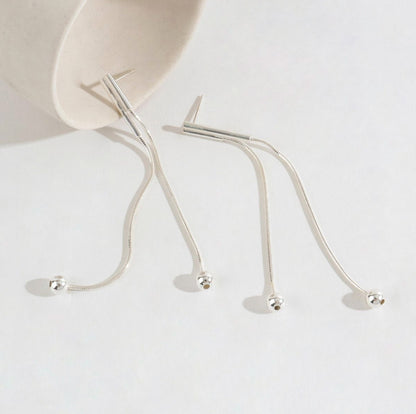 925 sterling silver Silk chain long drop ball earrings ,Snake chain double line earrings