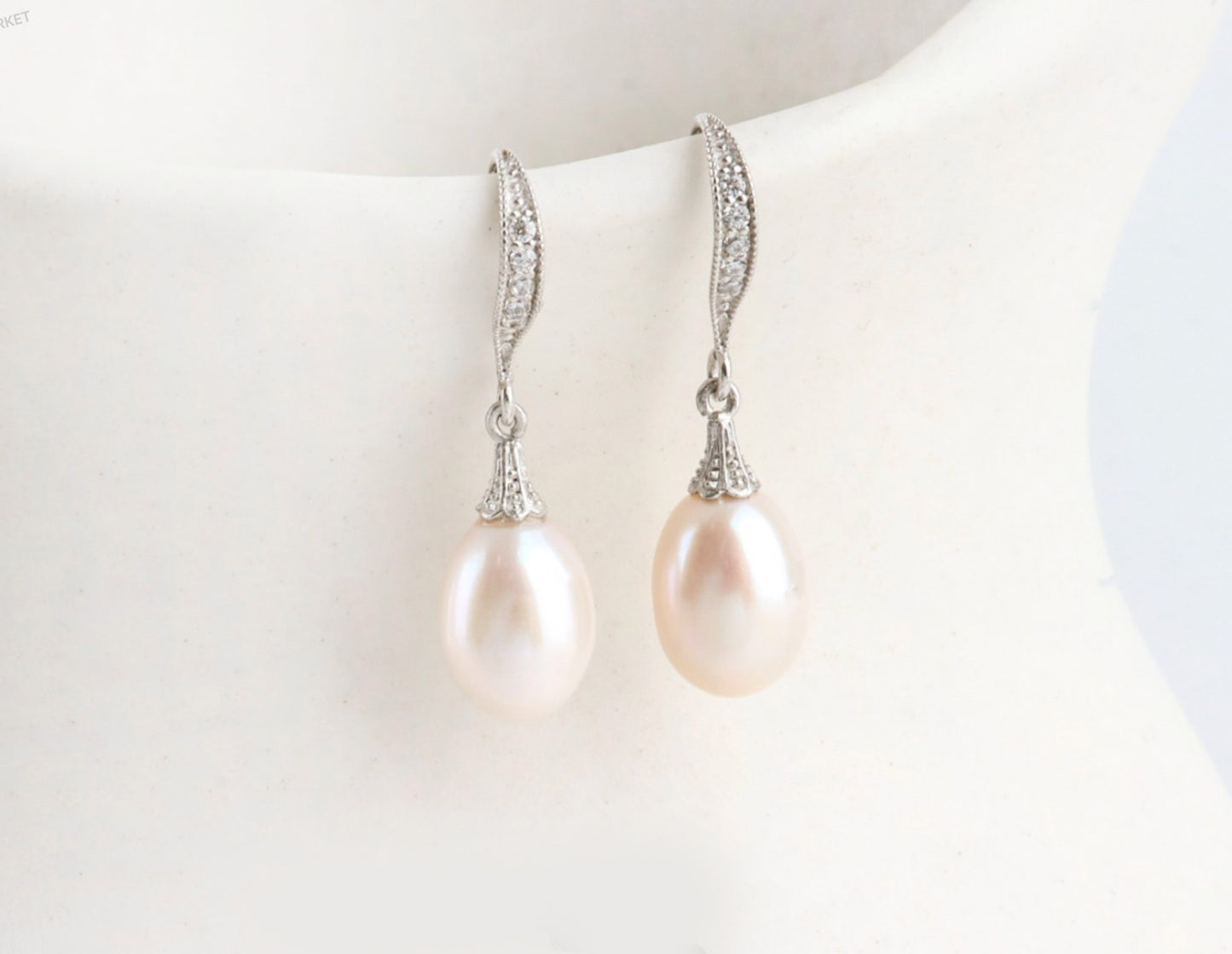 925 Sterling Silver Classic Style Oval fresh water pearl long drop hook earrings detailed with cubic