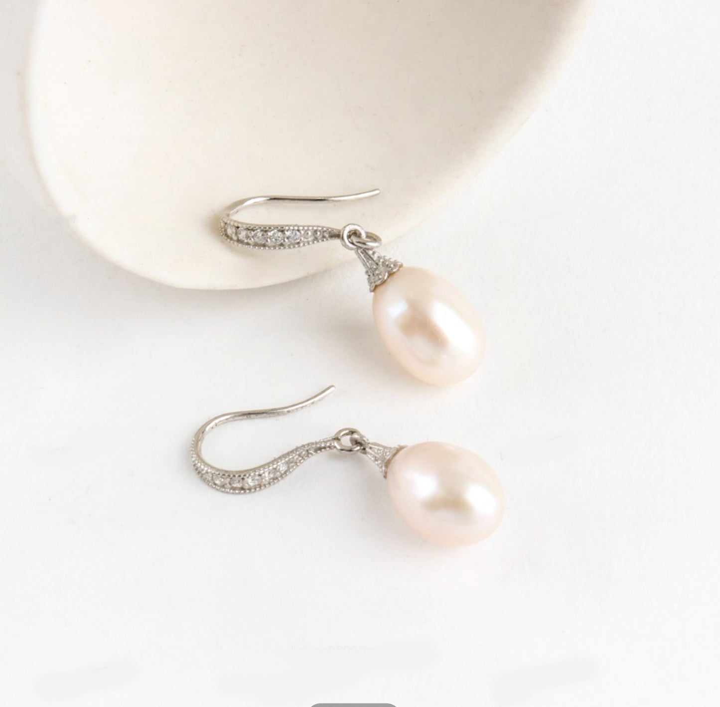 925 Sterling Silver Classic Style Oval fresh water pearl long drop hook earrings detailed with cubic