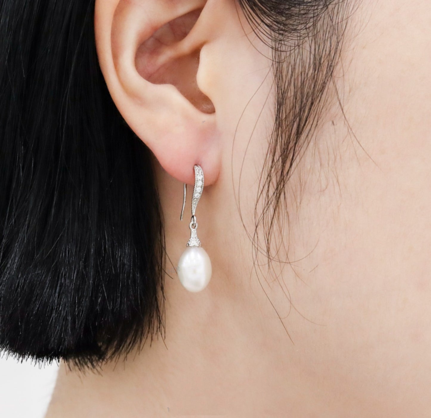 925 Sterling Silver Classic Style Oval fresh water pearl long drop hook earrings detailed with cubic