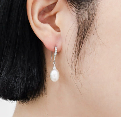 925 Sterling Silver Classic Style Oval fresh water pearl long drop hook earrings detailed with cubic