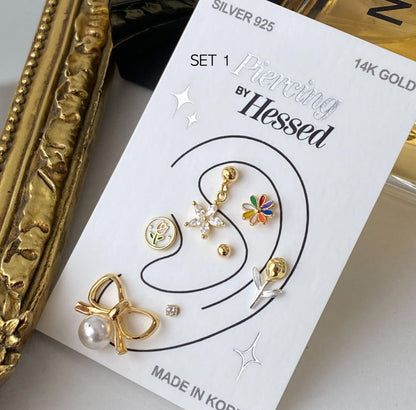 925 sterling silver 7 piece silver piercing set in various configurations, cubic silver Piercing Cartilage Piercing smiley face Helix Earring daisy flower Helix Piercing screw back ball ,Cartilage piercing ,Tragus Earrings