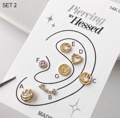 925 sterling silver 7 piece silver piercing set in various configurations, cubic silver Piercing Cartilage Piercing smiley face Helix Earring daisy flower Helix Piercing screw back ball ,Cartilage piercing ,Tragus Earrings