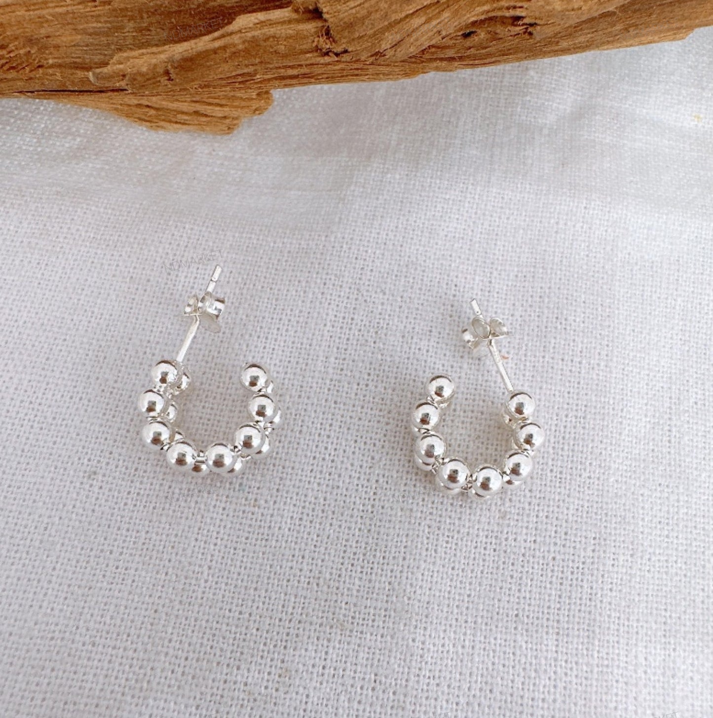 925 sterling silver Double line beaded ball C curve stud earrings, Big Circle Earrings, Dot Hoop Earrings, Bead Band Round Hoop earrings