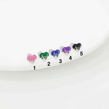 Colorful paint flowing heart tiny ear piercing Surgical Steel screw back ball earrings,Cartilage Piercing