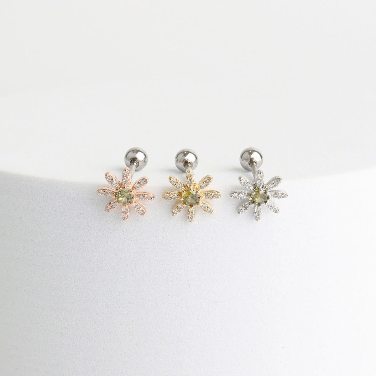 Cubic setting daisy flower Surgical Steel screw back ball Cartilage earrings, Barbells Ear Piercing, Cartilage Piercing