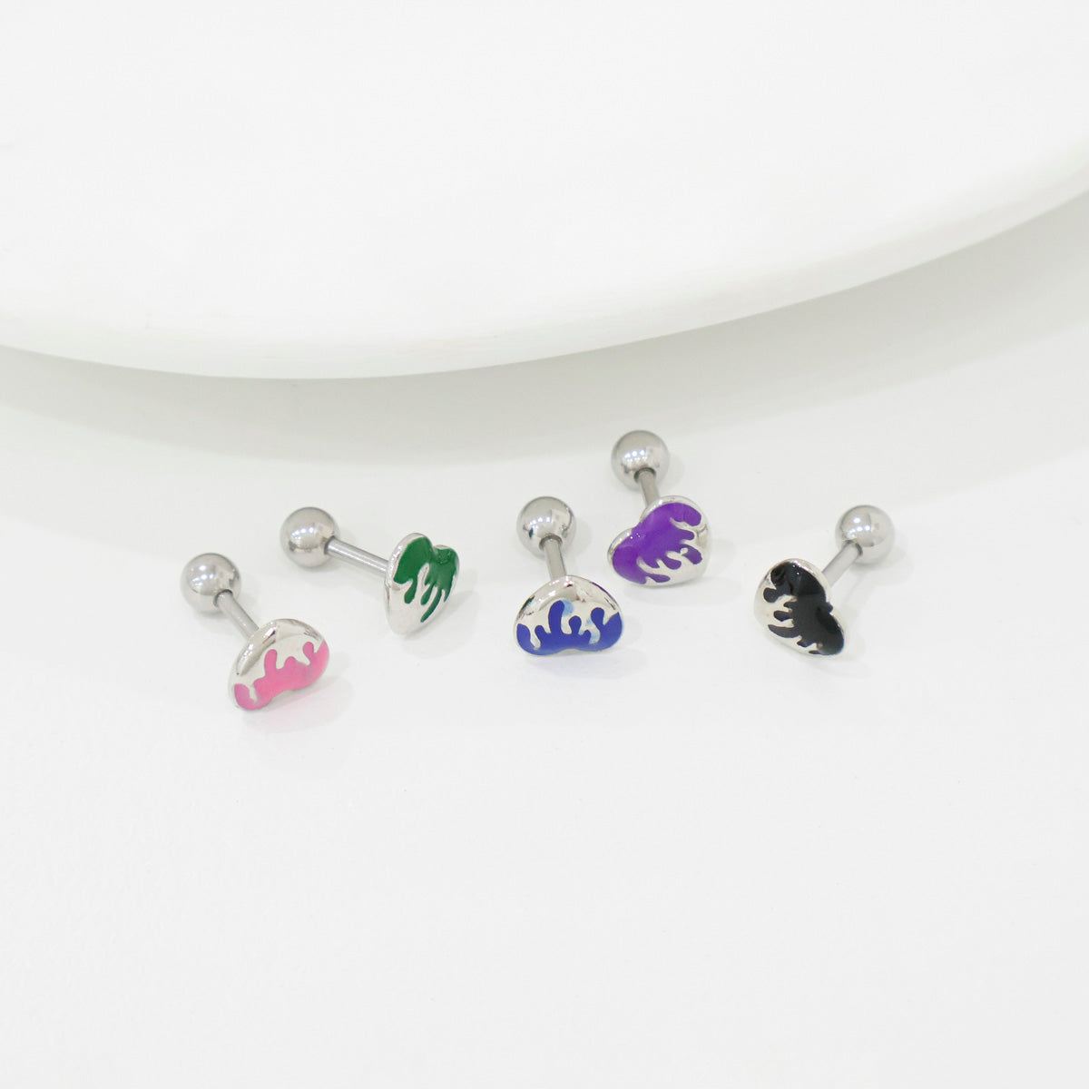 Colorful paint flowing heart tiny ear piercing Surgical Steel screw back ball earrings,Cartilage Piercing