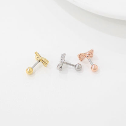 Cubic crystal setting Bow tie ribbon Surgical Steel piercing tiny ear Helix Piercing screw back ball ,Cartilage Piercing,Tragus Ear Jewelry Body Accessories