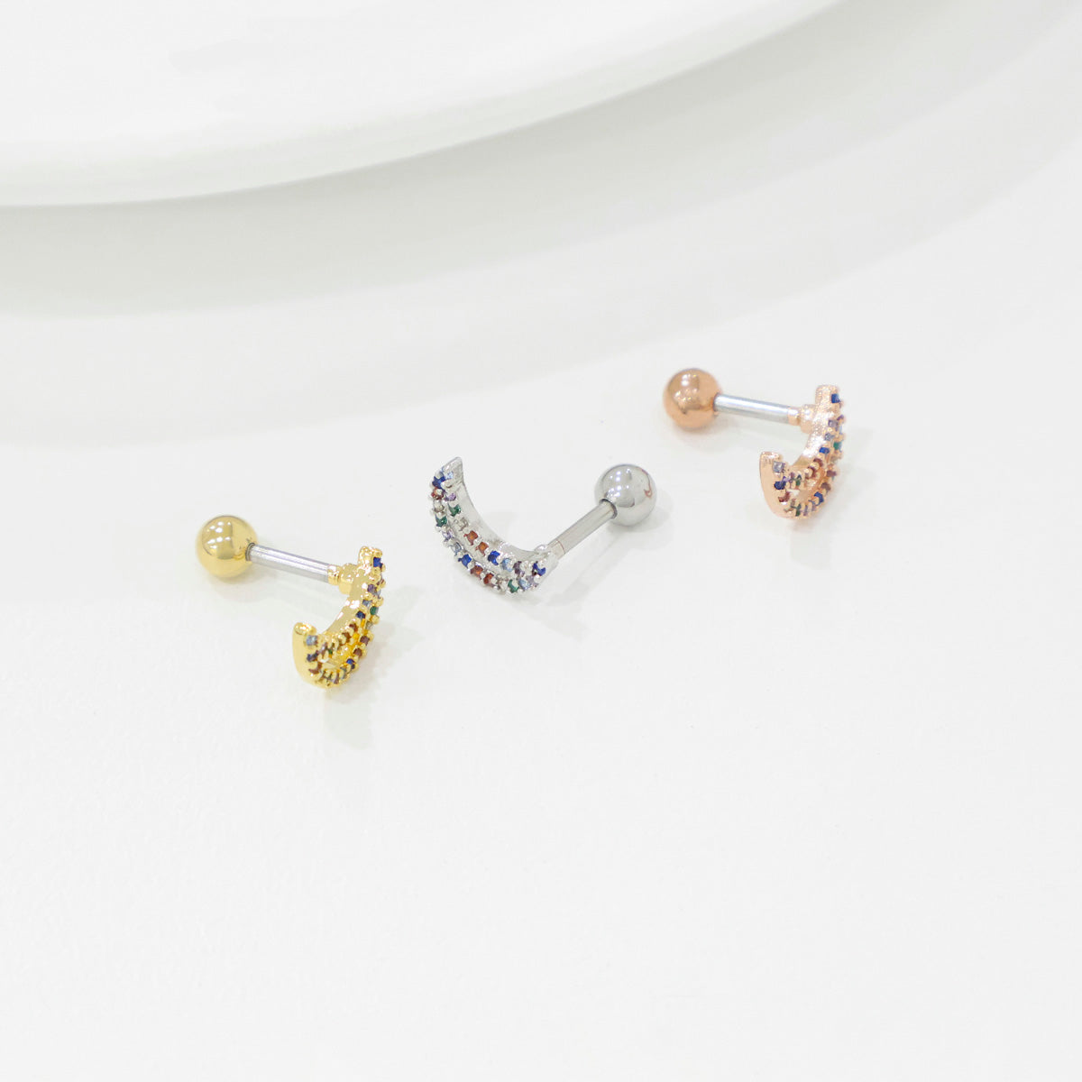 Rainbow cubic color setting crescent moon Surgical Steel screw back ball Cartilage earrings, Cubic star Barbells Ear Piercing, Cartilage Piercing