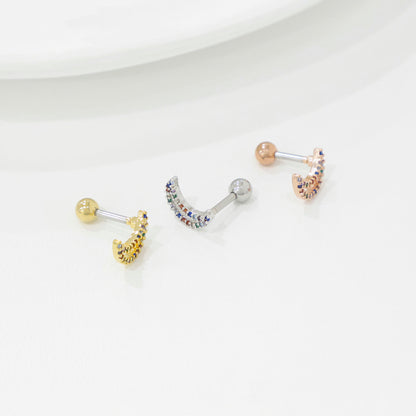 Rainbow cubic color setting crescent moon Surgical Steel screw back ball Cartilage earrings, Cubic star Barbells Ear Piercing, Cartilage Piercing