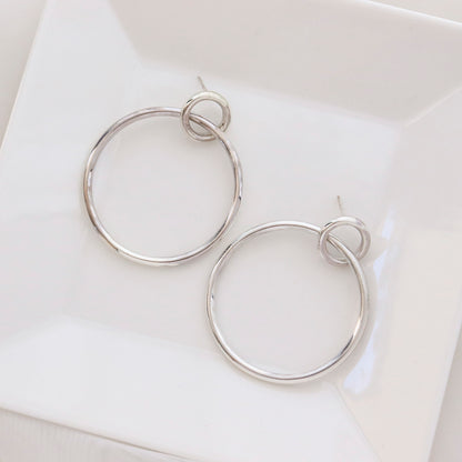 925 sterling silver inked Circles drop Earrings, Double Circle statement earrings,Large ring Earrings