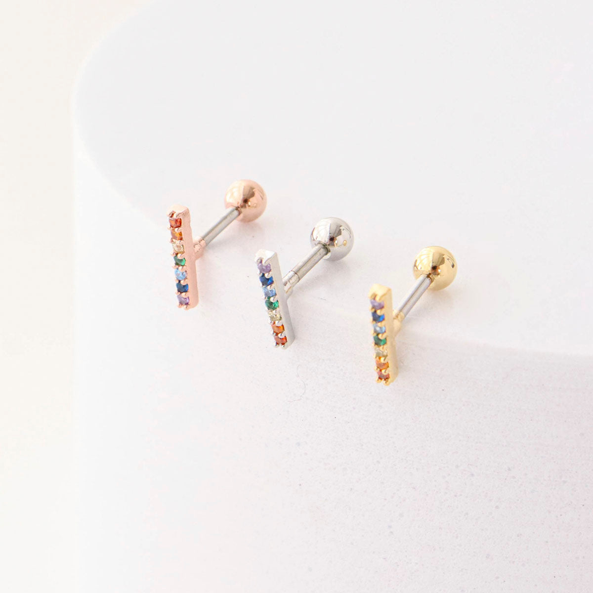 multi color Rainbow color cubic bar Surgical Steel screw back ball Cartilage earrings, Barbells Ear Piercing, Cartilage Piercing