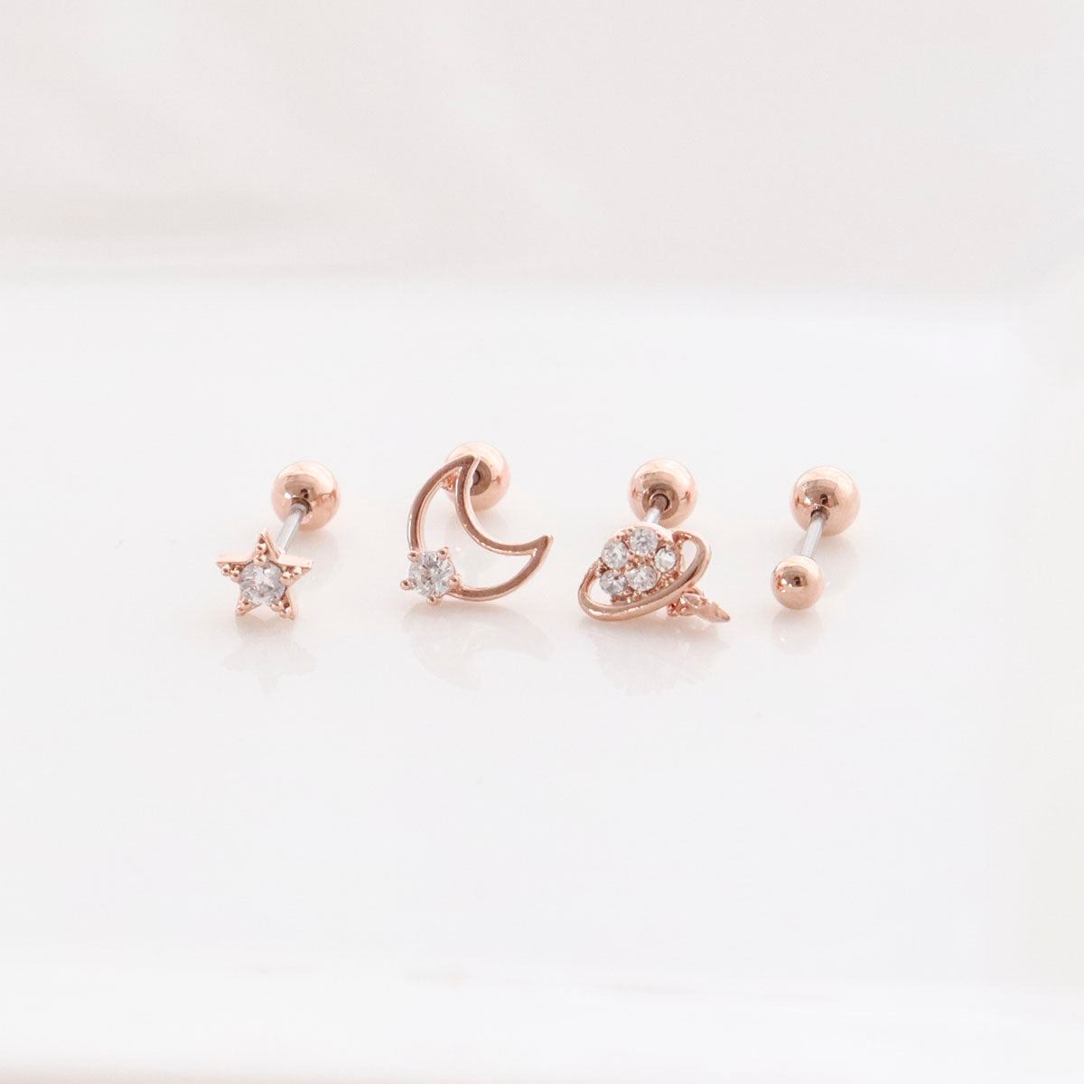set of 4 crescent moon, cubic tiny star and planet and ball Surgical Steel screw back ball Cartilage earrings, Barbells Cartilage Piercing