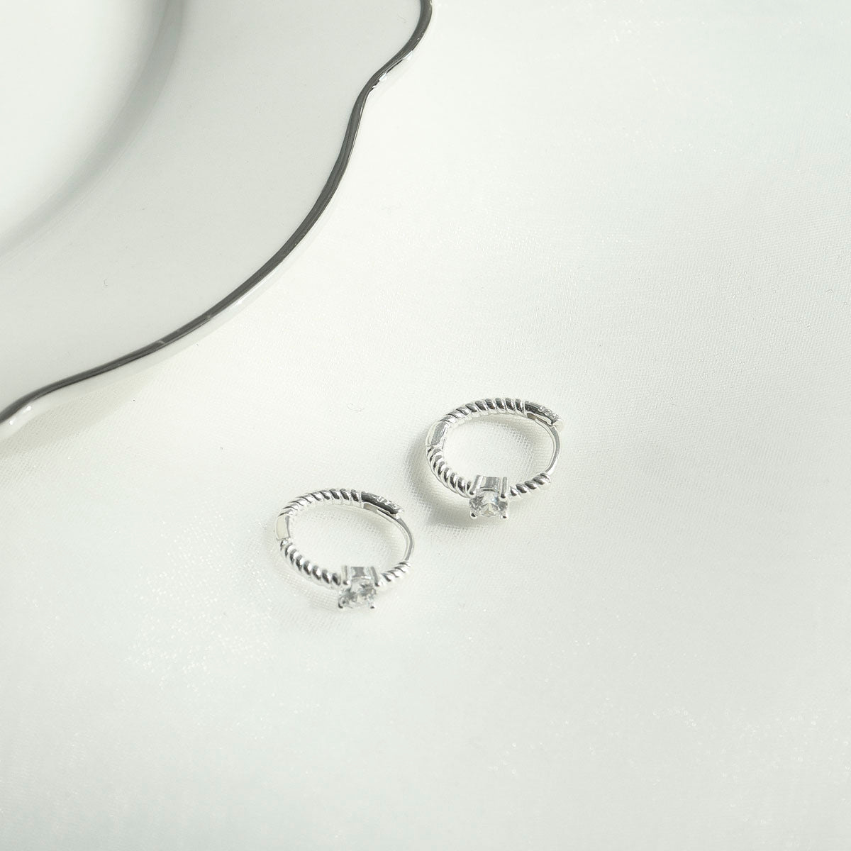 925 sterling silver cubic point t hoop stud earrings, One Touch silver twisted ring Huggie Hoop Earrings,Second Hole Huggie Hoop Earrings