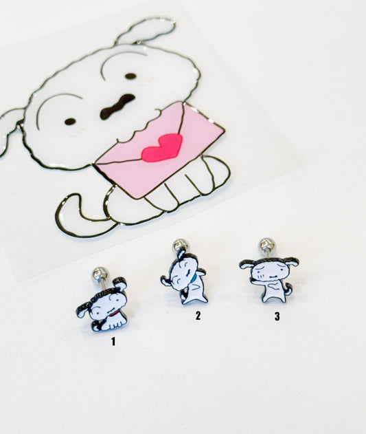 Cute Cartoon characters Kureyon Shin Chan Shiro Screwback screw back ball, Barbells Ear Piercing ,Surgical Steel Screw Back Ear Stud, Cartilage earrings