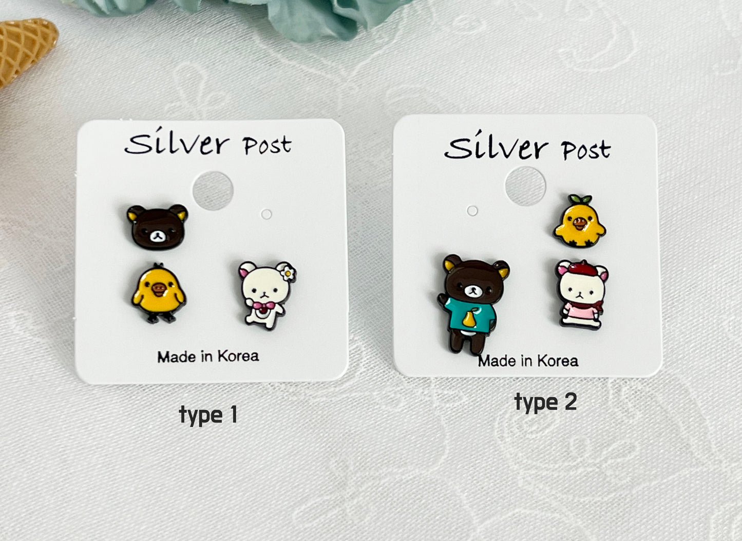 Cute Rilakkuma and Korilakkuma Set of 3 Unbalance earrings, Cute Character Earrings ,Bear earrings-2