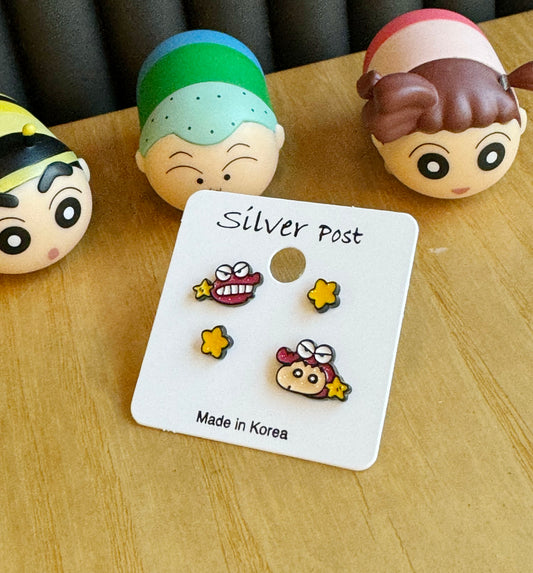 Set of 4 Cartoon characters earrings, Kureyon Shin Chan and Chocobi Stud earrings
