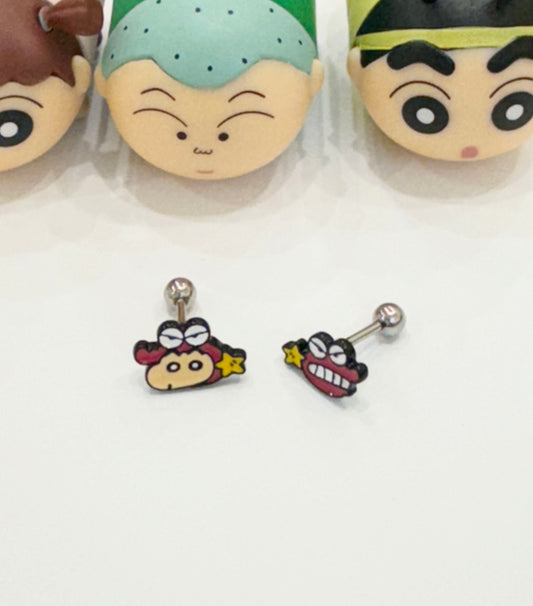 Cute Cartoon characters Kawaii Cartoon characters earrings, Kureyon Shin Chan and Chocobi screw back ball, Barbells Ear Piercing ,Surgical Steel Screw Back Ear Stud, Cartilage earrings
