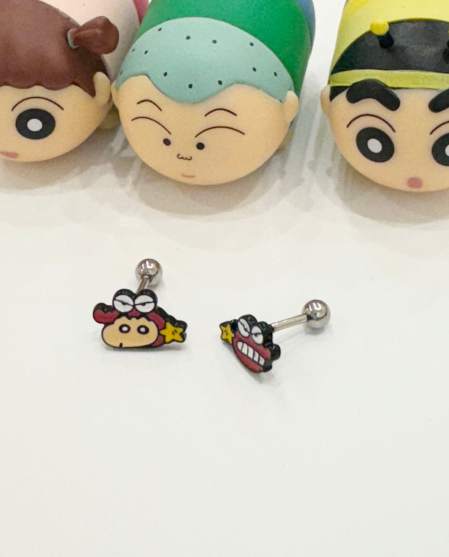 Cute Cartoon characters Kawaii Cartoon characters earrings, Kureyon Shin Chan and Chocobi screw back ball, Barbells Ear Piercing ,Surgical Steel Screw Back Ear Stud, Cartilage earrings