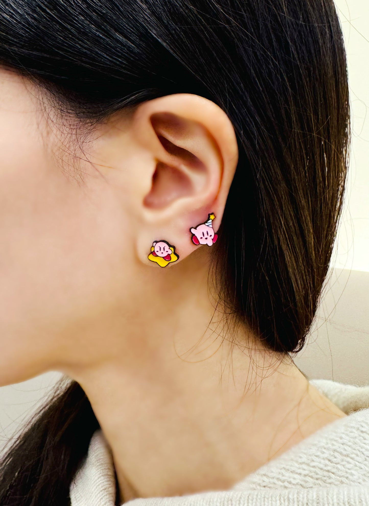 Cute Kirby Star Allies Unbalance stud earrings 2 types, Kirby Star Allies Nintendo Mario hat earrings set , Kids Earrings