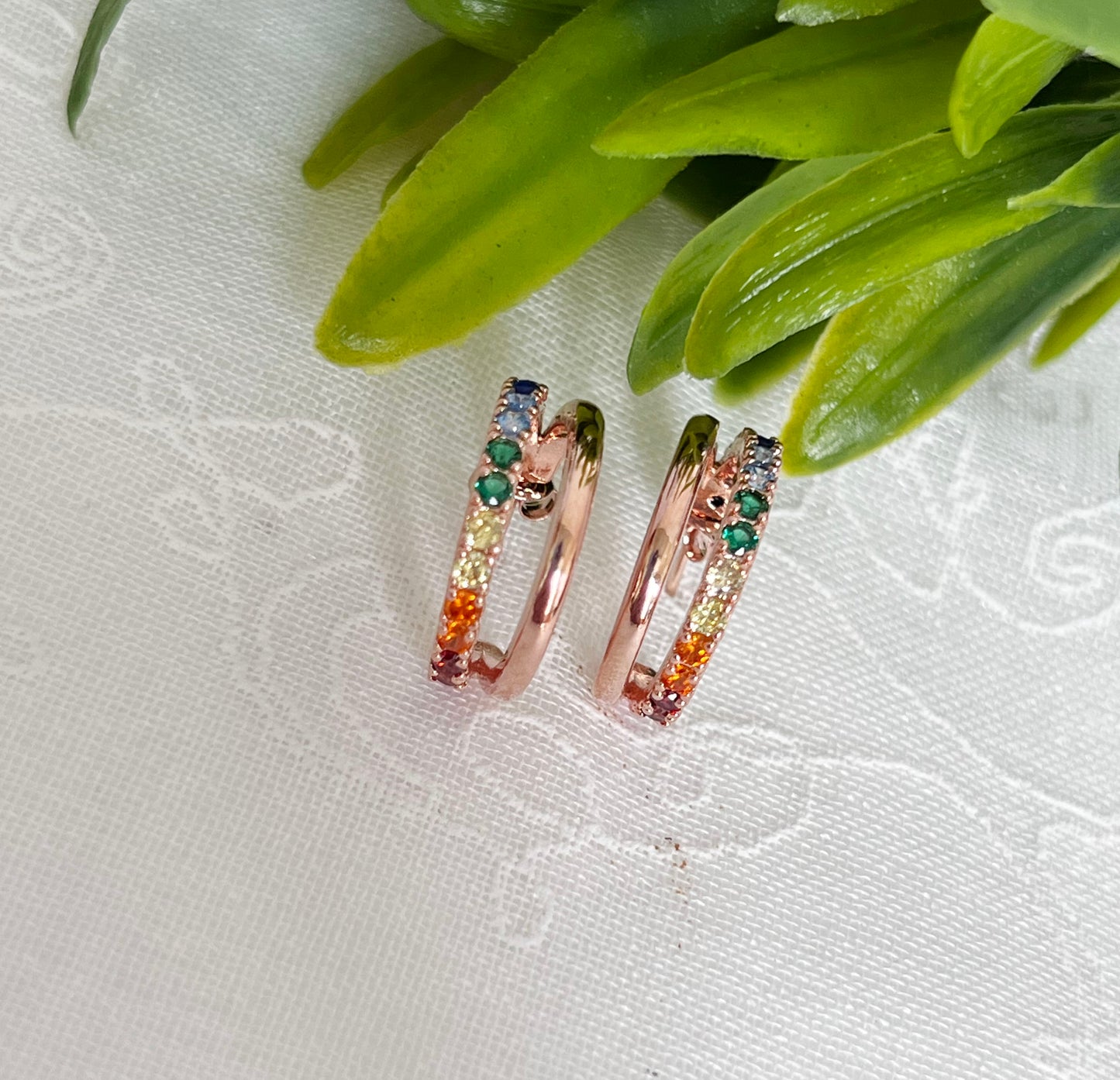 Double line hoop earrings with multi color cubic zirconia ,rainbow color cubic  Hoop Earrings, colorful cubic ring earrings