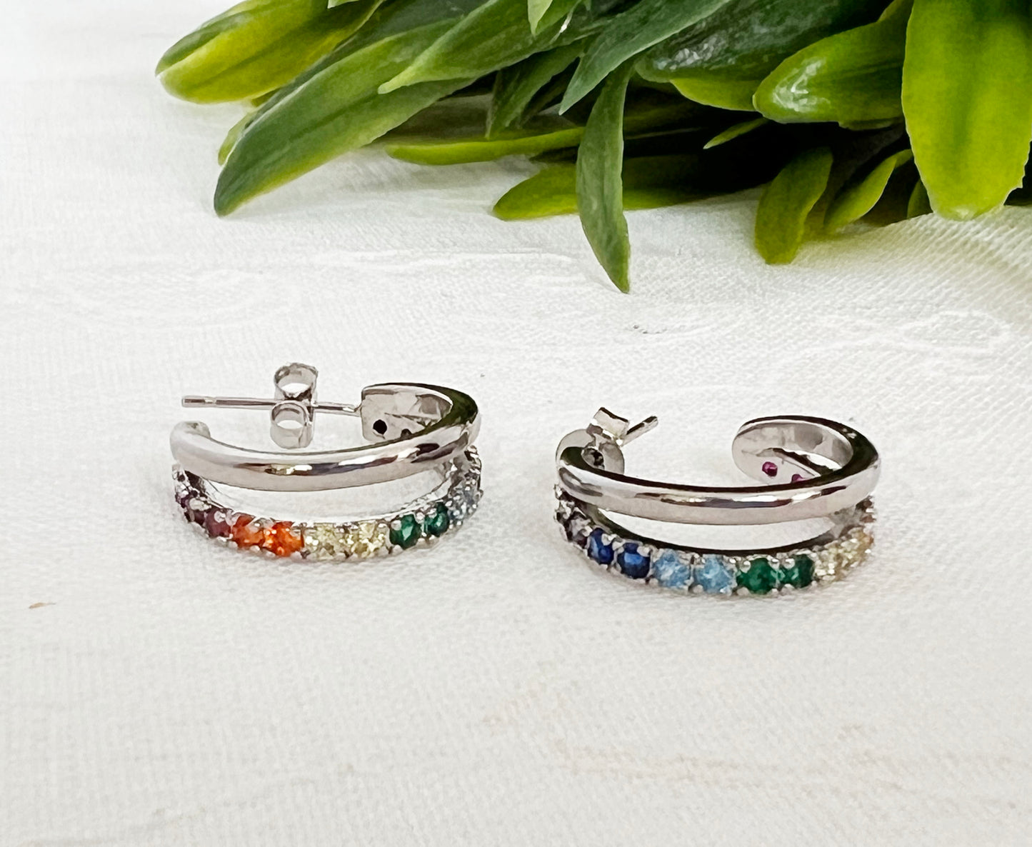 Double line hoop earrings with multi color cubic zirconia ,rainbow color cubic  Hoop Earrings, colorful cubic ring earrings