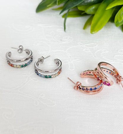 Double line hoop earrings with multi color cubic zirconia ,rainbow color cubic  Hoop Earrings, colorful cubic ring earrings