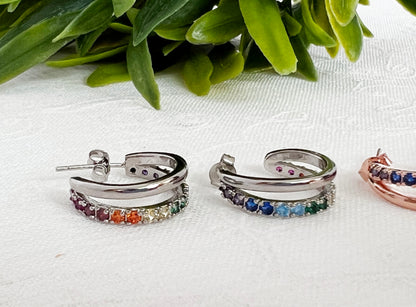 Double line hoop earrings with multi color cubic zirconia ,rainbow color cubic  Hoop Earrings, colorful cubic ring earrings