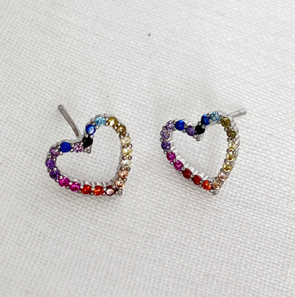 Heart earrings with multi color cubic zirconia ,rainbow color cubic open heart Earrings