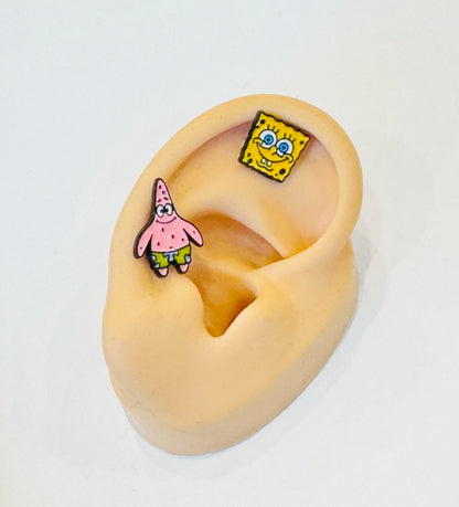 Spongebob Squarepants and Patrick Star Cartoon ear Surgical Steel piercing tiny ear Helix Piercing screw back ball ,Cartilage Piercing,Tragus Ear Jewelry Body Accessories