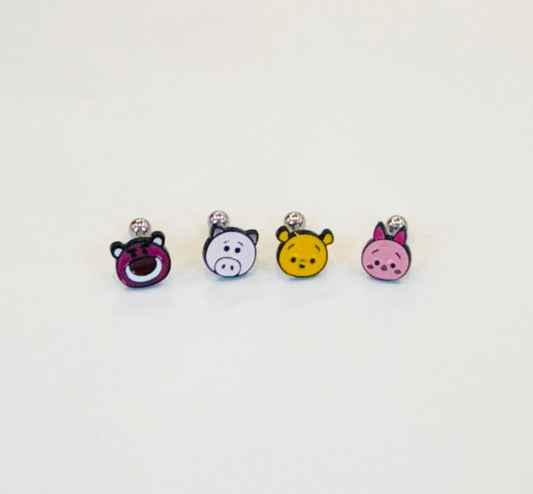 Disney-licensed disney sumsum characters  pooh and piglet, lotso bear and ham Helix Piercing screw back ball ,Cartilage chain piercing ,Tragus Ear Jewelry Body Accessories