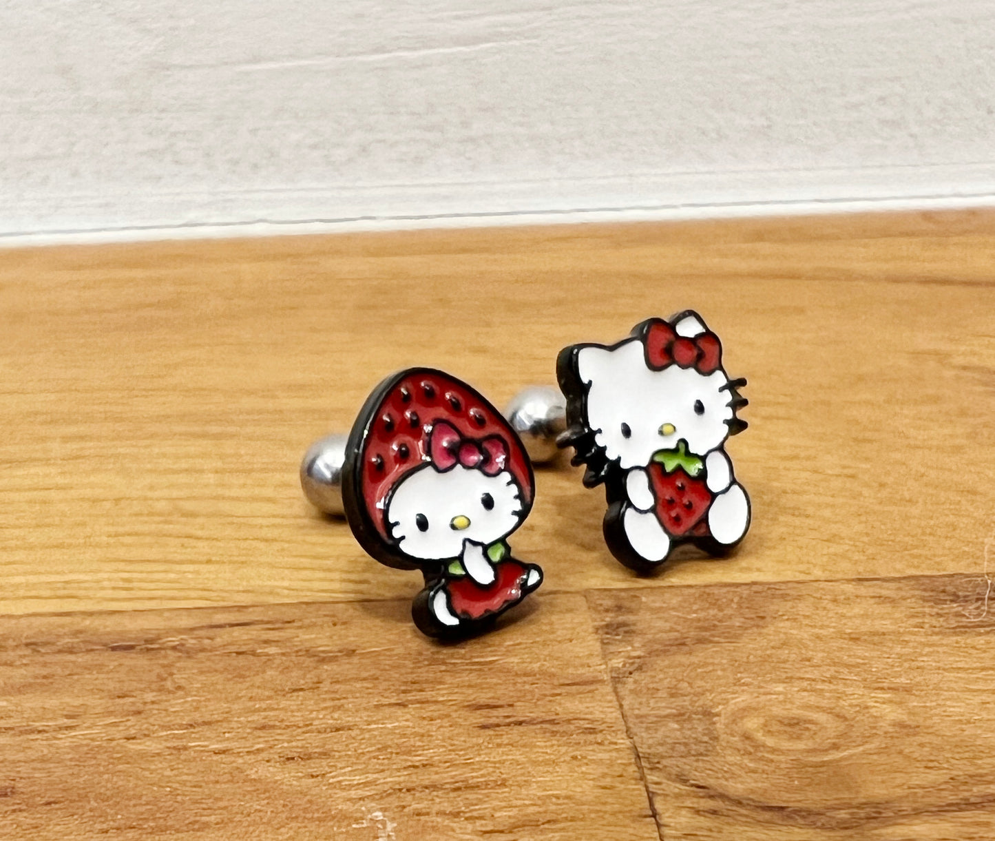 Sanrio characters strawberry Hello Kitty  Screw back earrings, screw back ball Ear Piercing, Barbells Surgical Steel Cartilage earrings