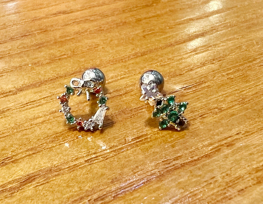 Cubic detailed Tiny Christmas tree and Christmas wreath Surgical Steel screw back ball Cartilage earrings, Barbells Ear Piercing, Cartilage Piercing