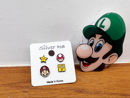 Nintendo Super Mario and his Question Box,Star, Mushroom set of 4 earrings, Gaming inspired character earrings,Kids earrings